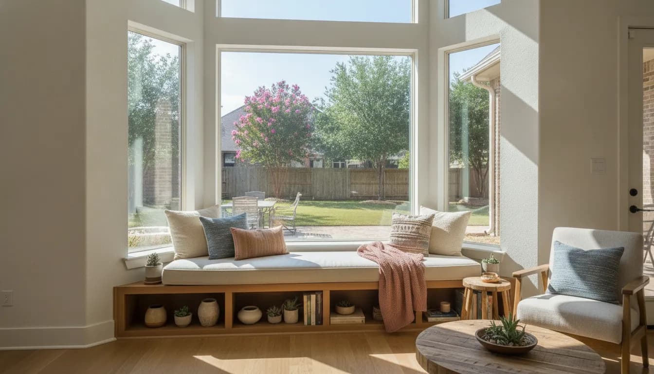 Bright bay window with a cozy window seat in a modern Dallas home