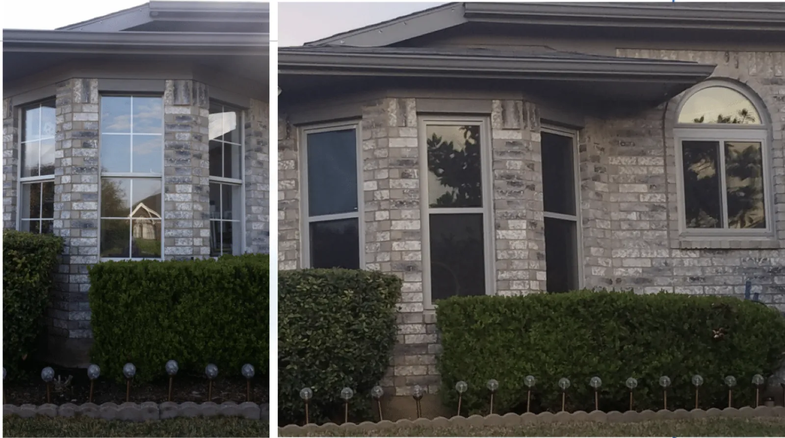 Before and after of a DFW brick home's front bay window: old white-grille windows on the left, new clear-glass SunSmart windows on the right.