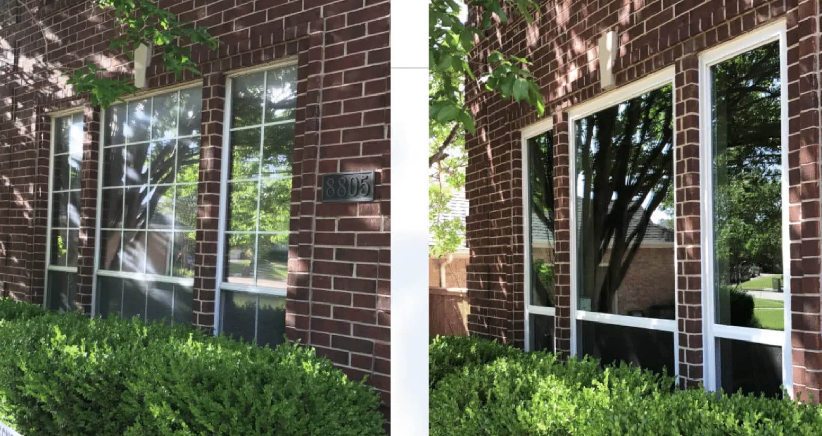 Before and after of a red-brick home's street-facing windows: dated grille windows on the left, clean white-framed SunSmart glass on the right.