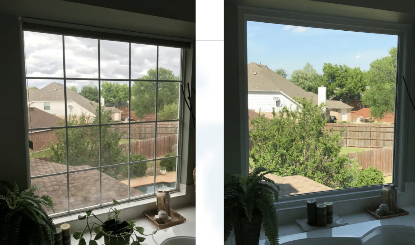 Before and after of a bathroom window: an old grille pane on the left, a clear SunSmart picture window with an open backyard view on the right.
