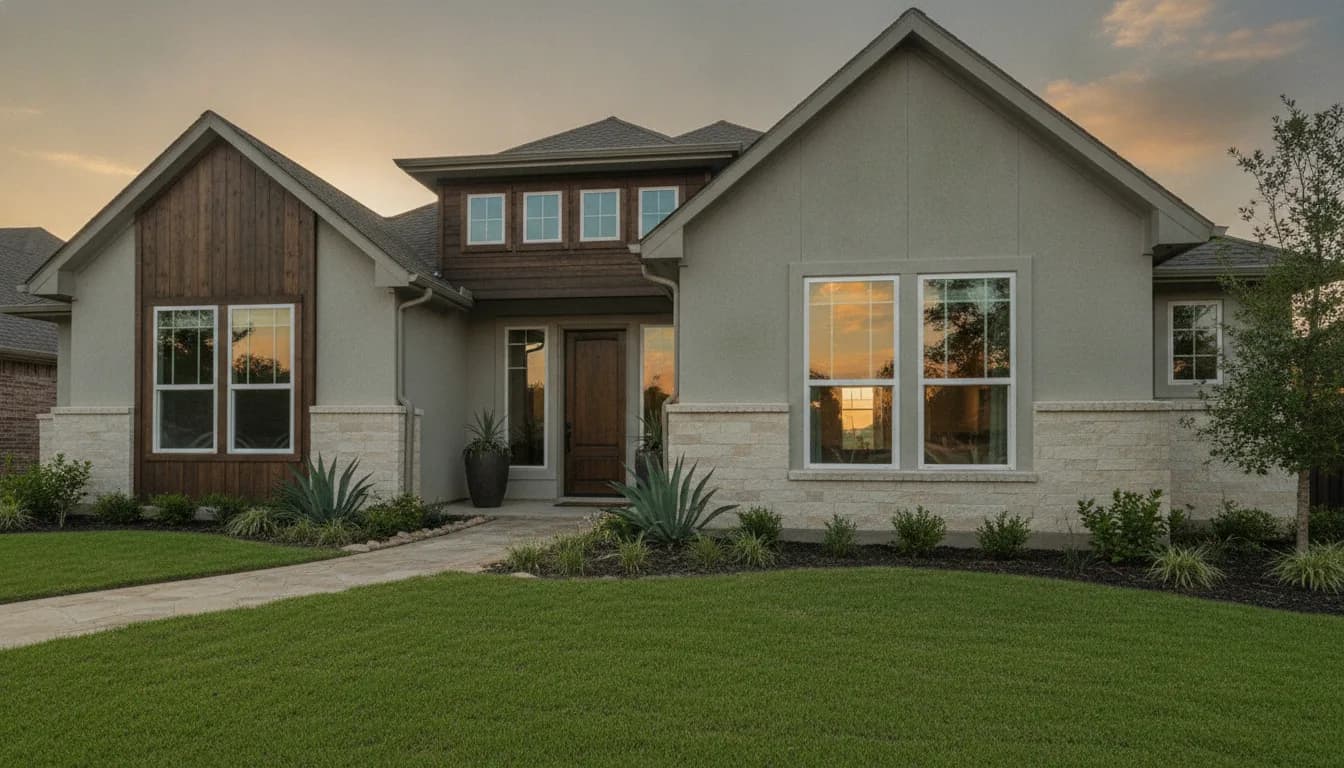 Modern energy-efficient replacement windows on a Dallas home catching warm sunlight, clean vinyl frames and a professionally finished exterior