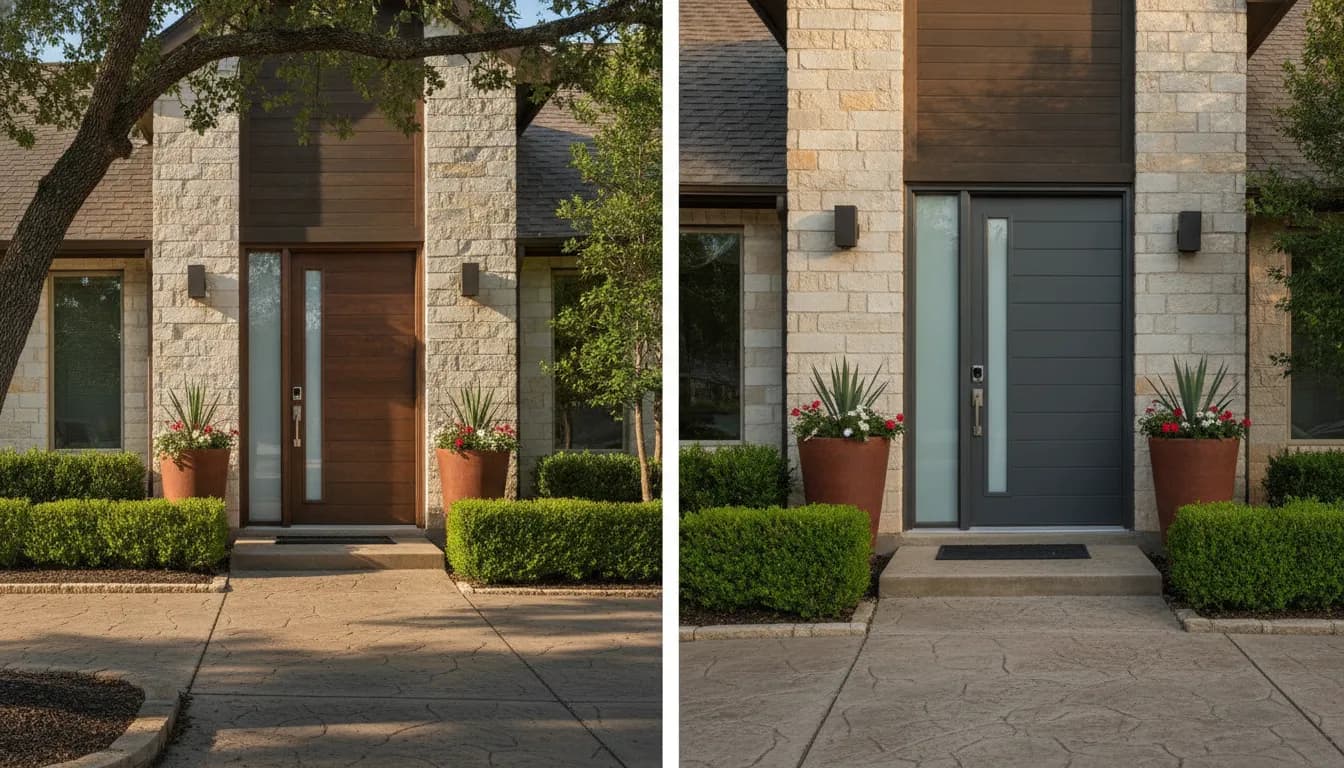 Modern fiberglass and steel entry doors on a Dallas home