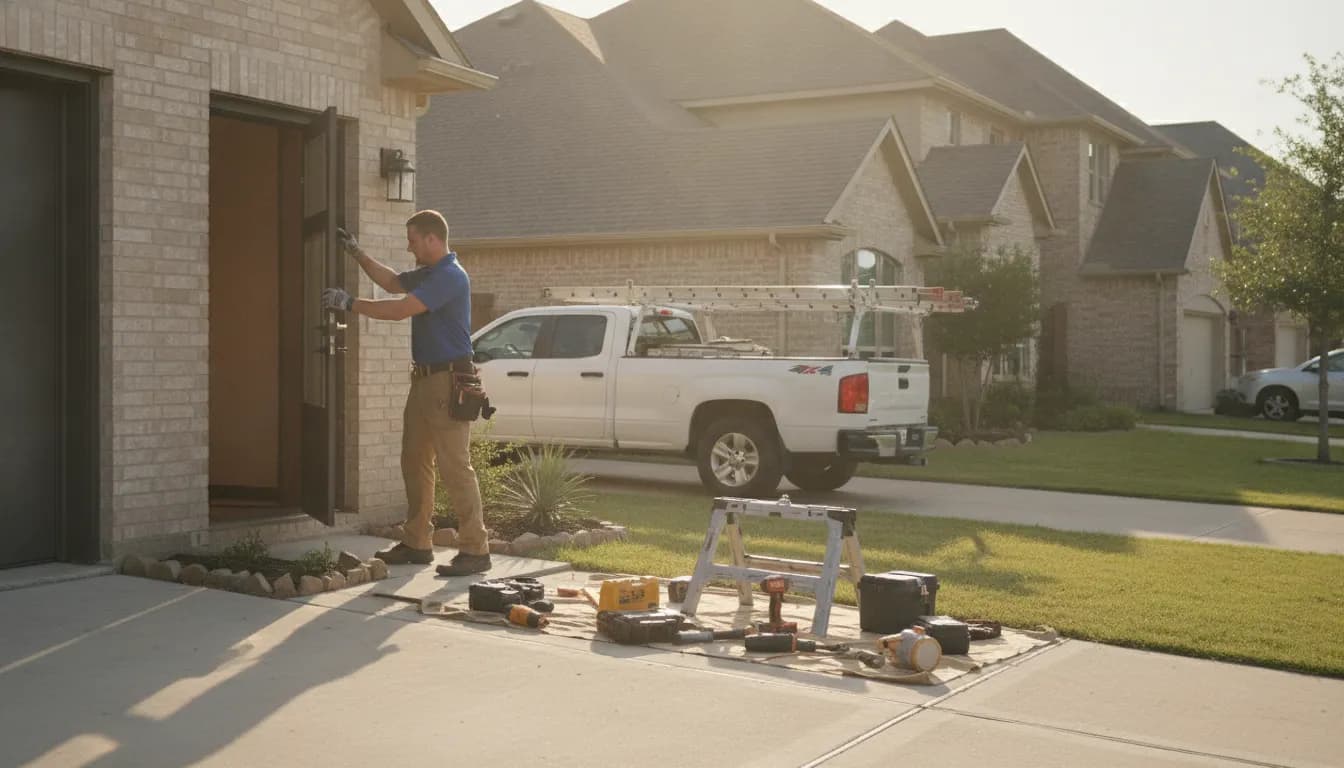 SunSmart technician installing a new energy-efficient steel front door on a Dallas home
