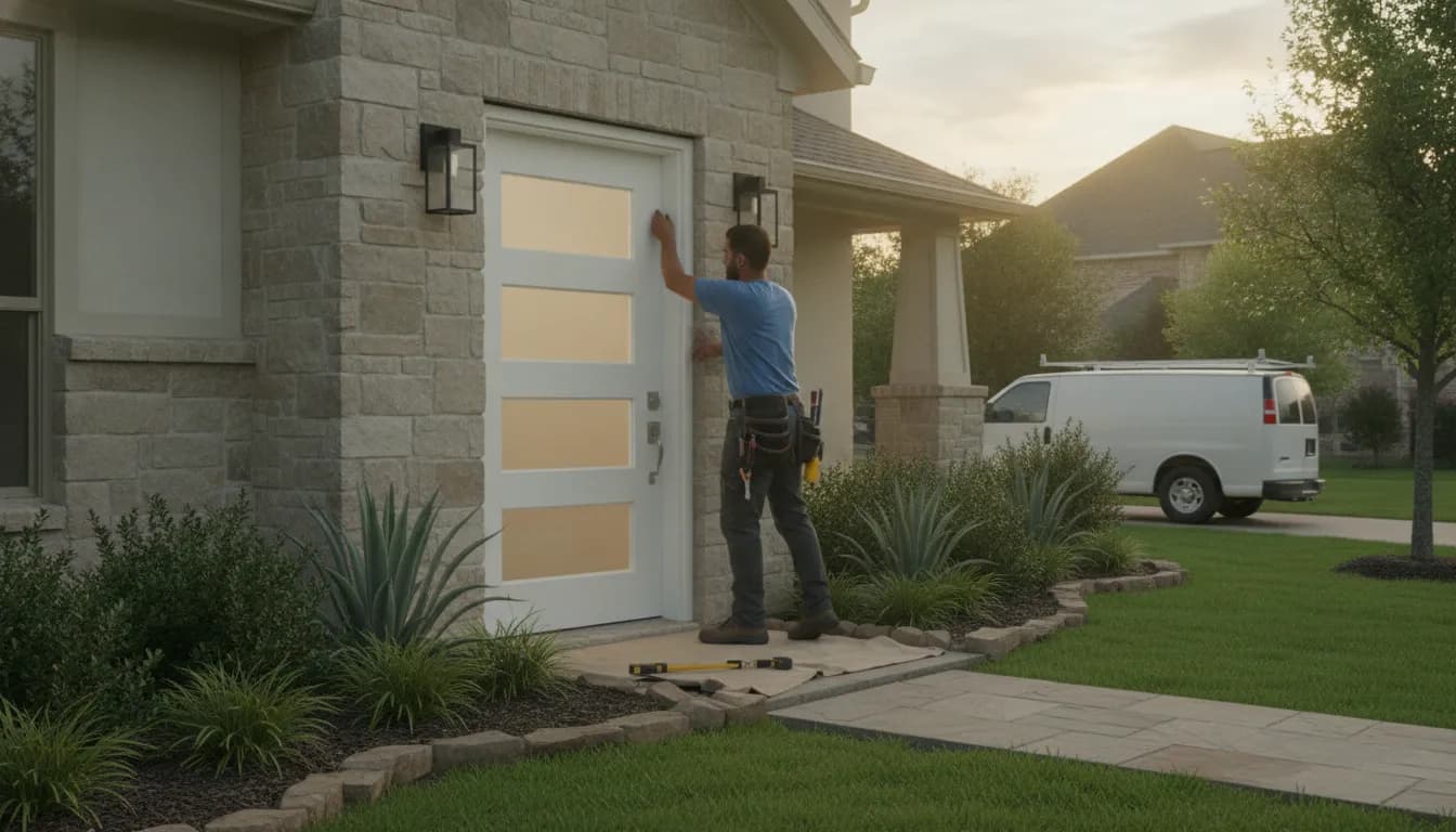 Professional installer fitting a new energy-efficient front door on a bright Texas suburban home