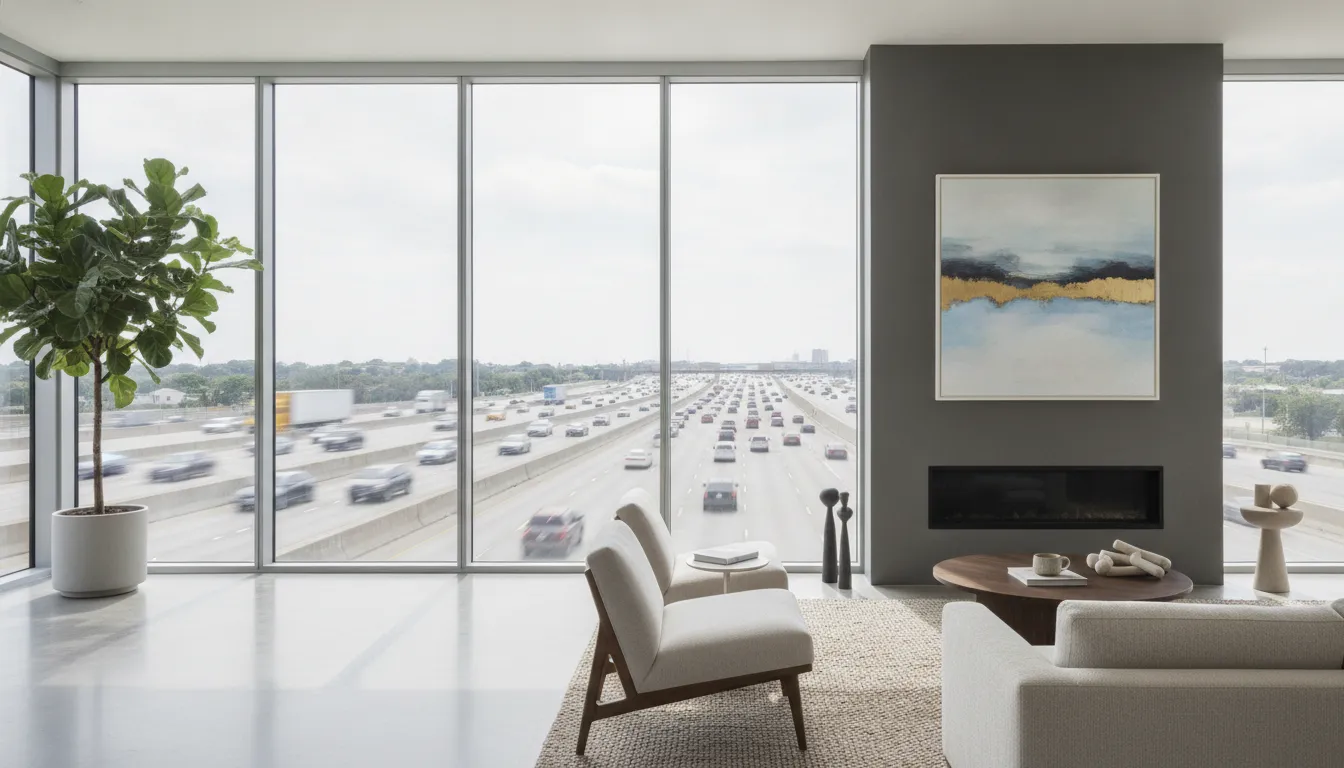 Modern Dallas home with soundproof double-pane windows blocking highway noise