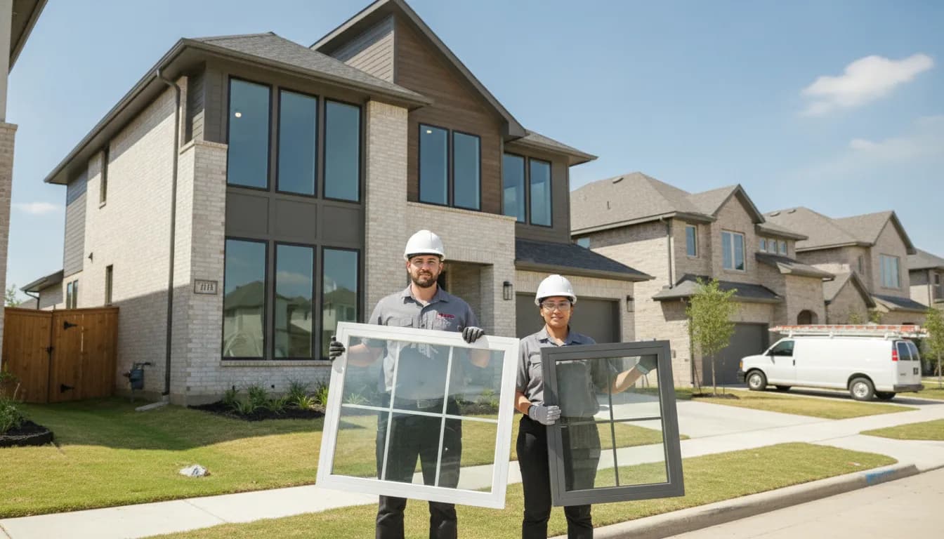 Two window installers holding vinyl and aluminum window frames outside a Dallas home in bright Texas sun