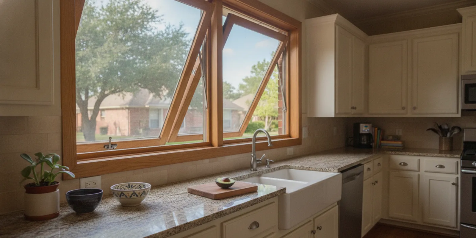 Awning window tilted outward above a bright, comfortable Texas home interior