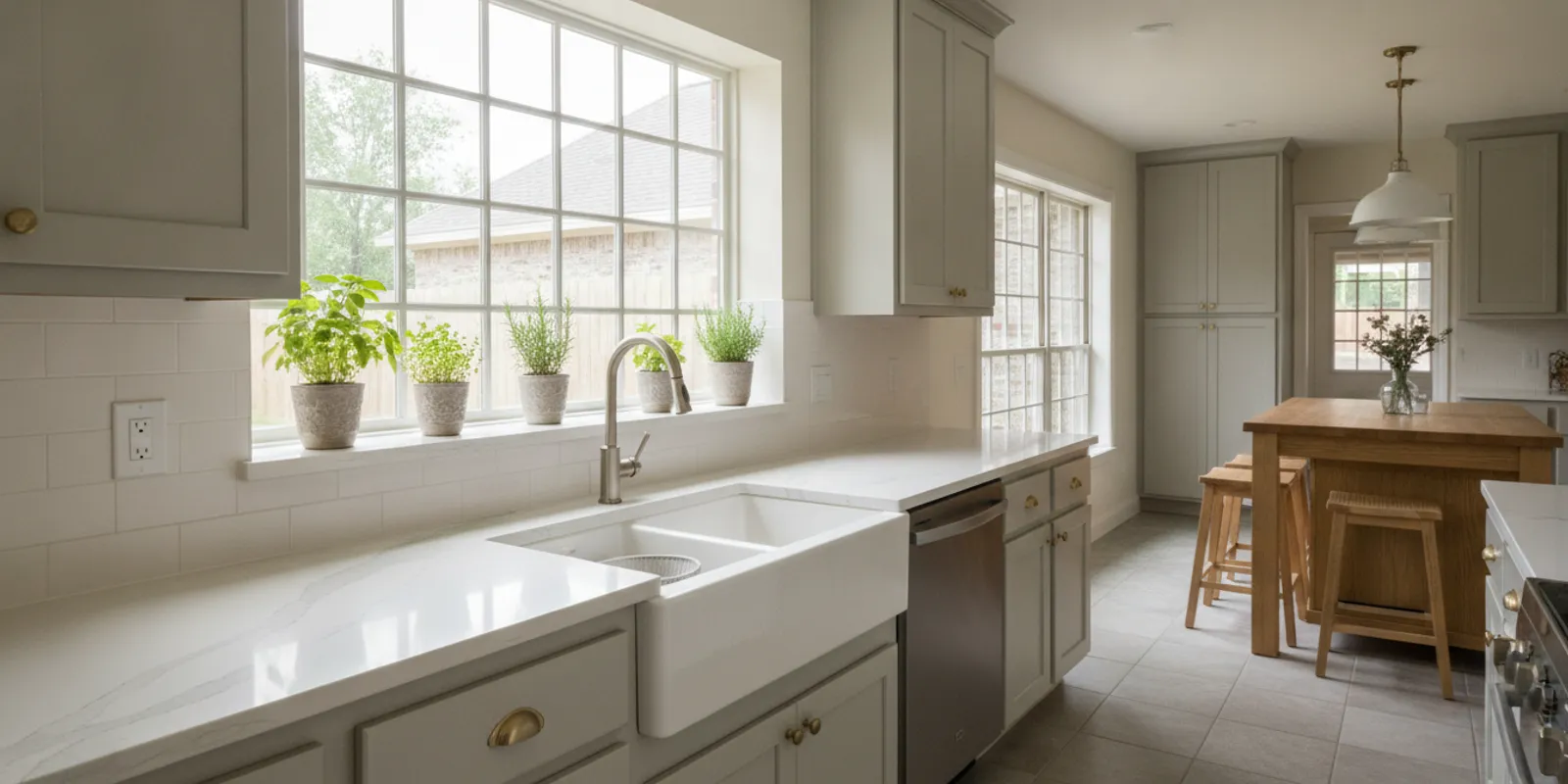 A bright kitchen with a projecting garden window holding potted herbs