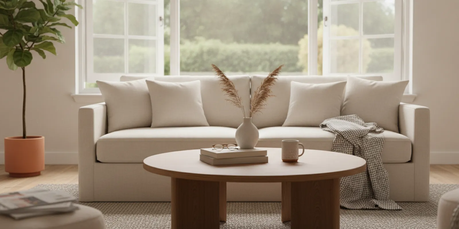 White-framed casement windows opened beside a bright Texas living room