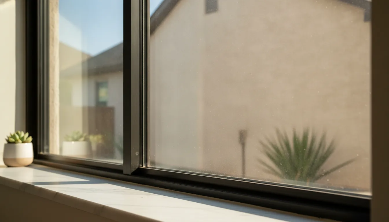 Fogged double-pane window in a bright Texas home