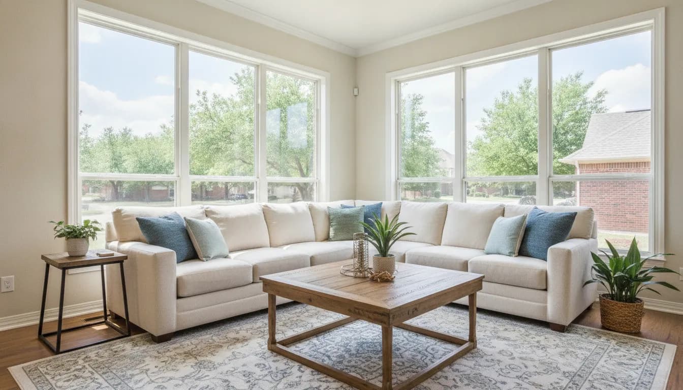 Double-pane windows managing bright summer sunlight in a Texas home