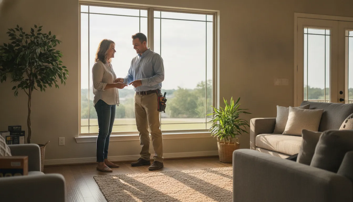 DFW homeowner and window professional reviewing energy performance options beside a modern home window
