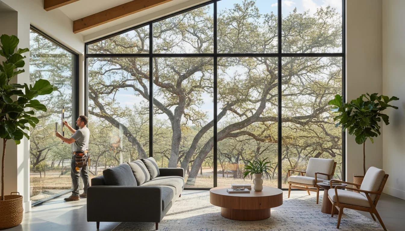 Picture window replacement in a bright Texas living room