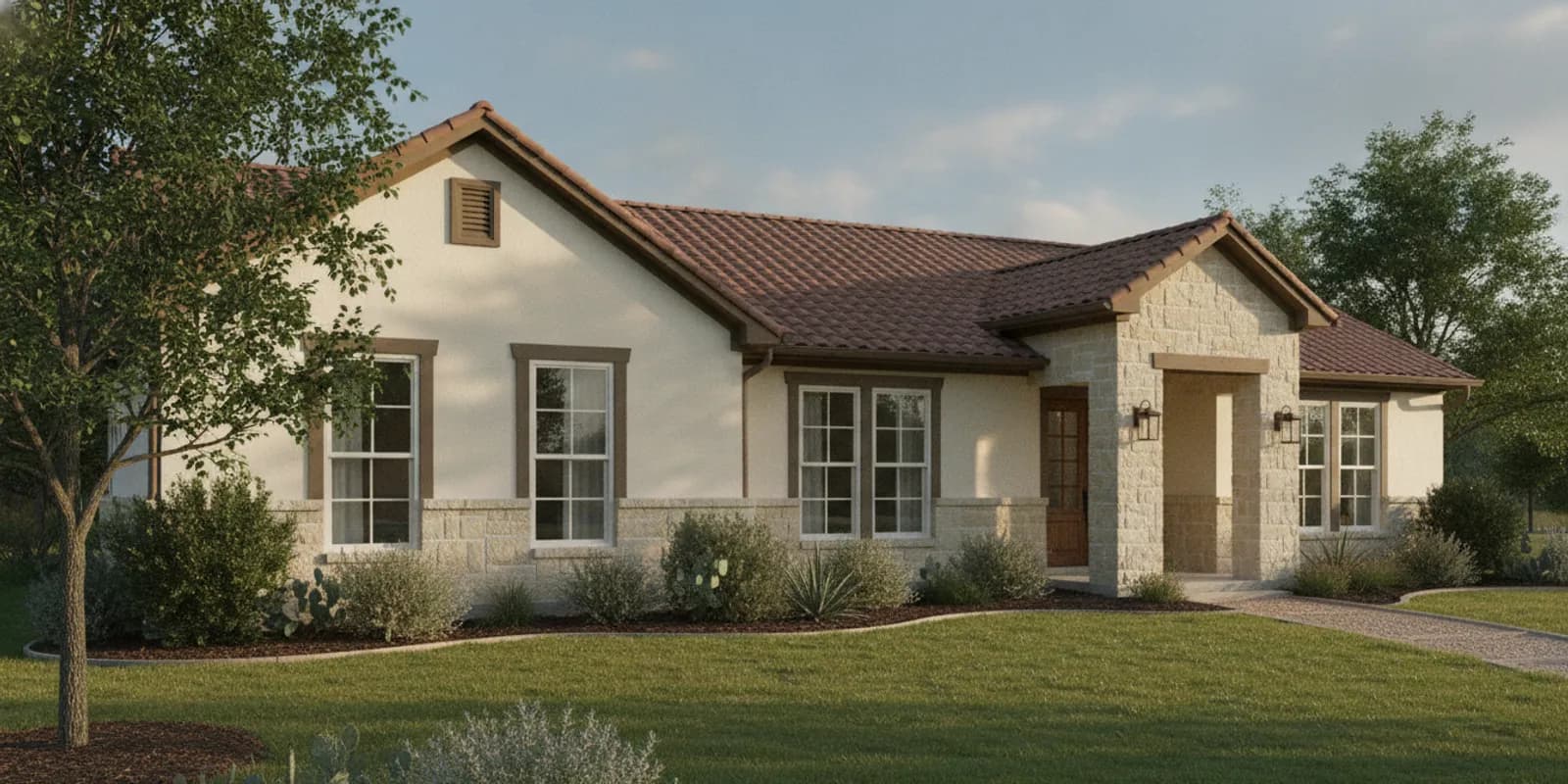 A single-story Texas ranch home with balanced replacement windows across its front exterior