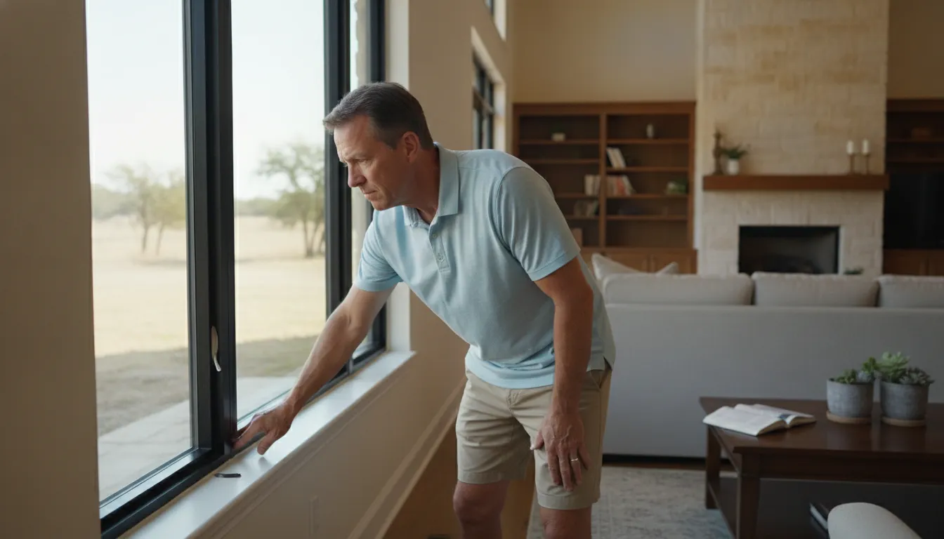 Homeowner checking the frame of a modern window in a Texas home