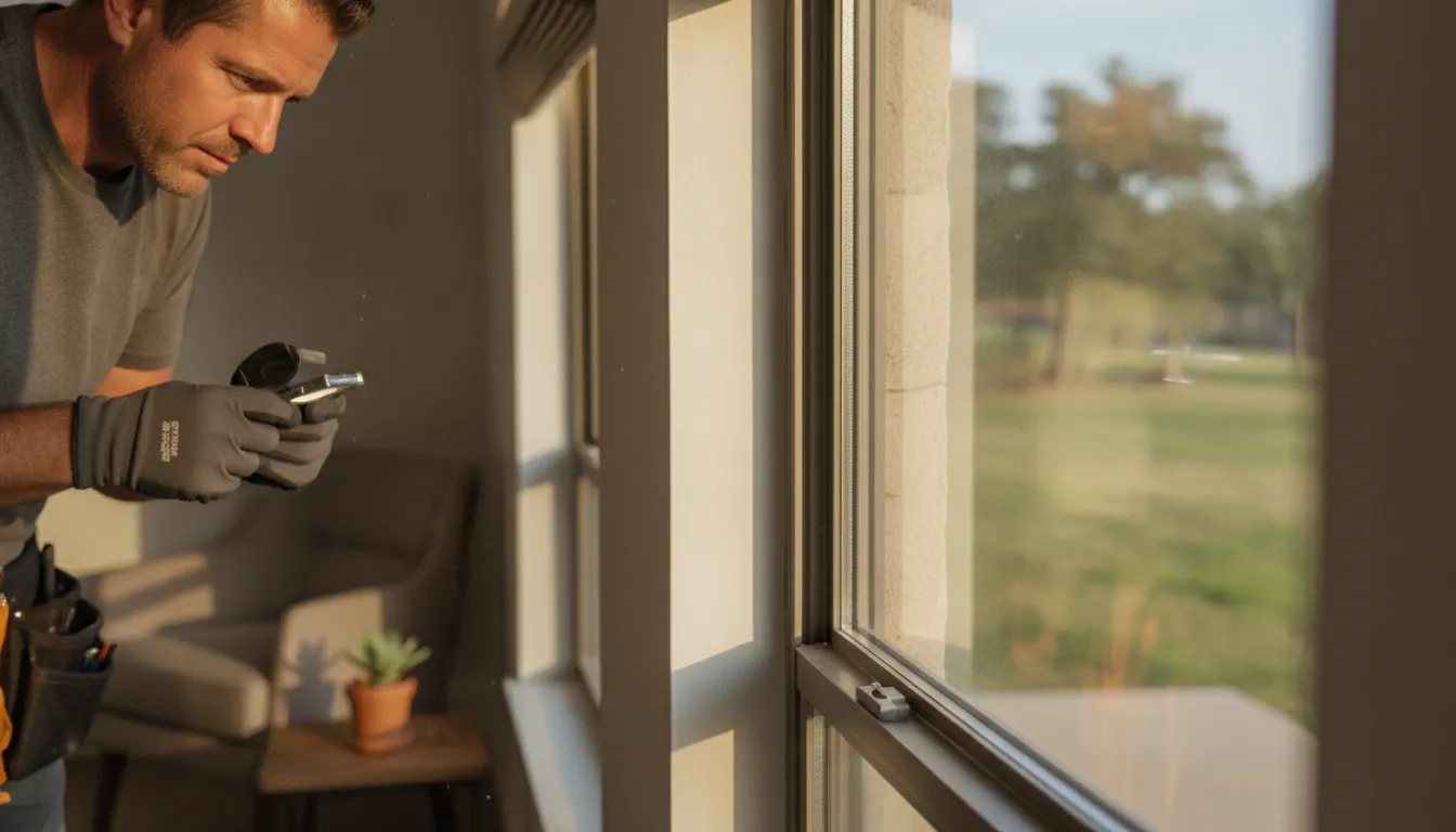 Professional inspecting the insulated glass edge of a modern Texas home window