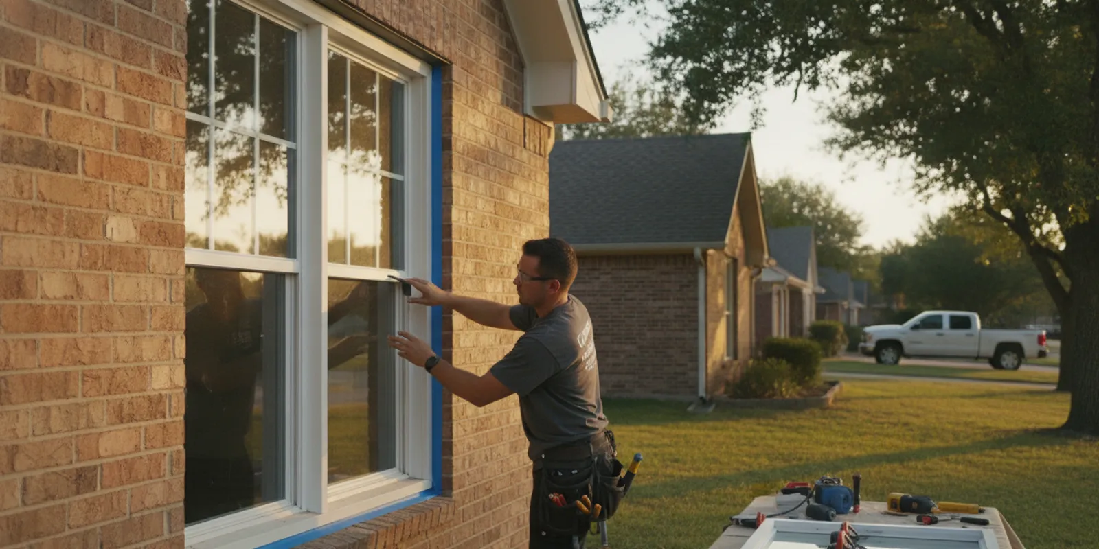 Replacement window being fitted into an older brick home in the Dallas-Fort Worth area
