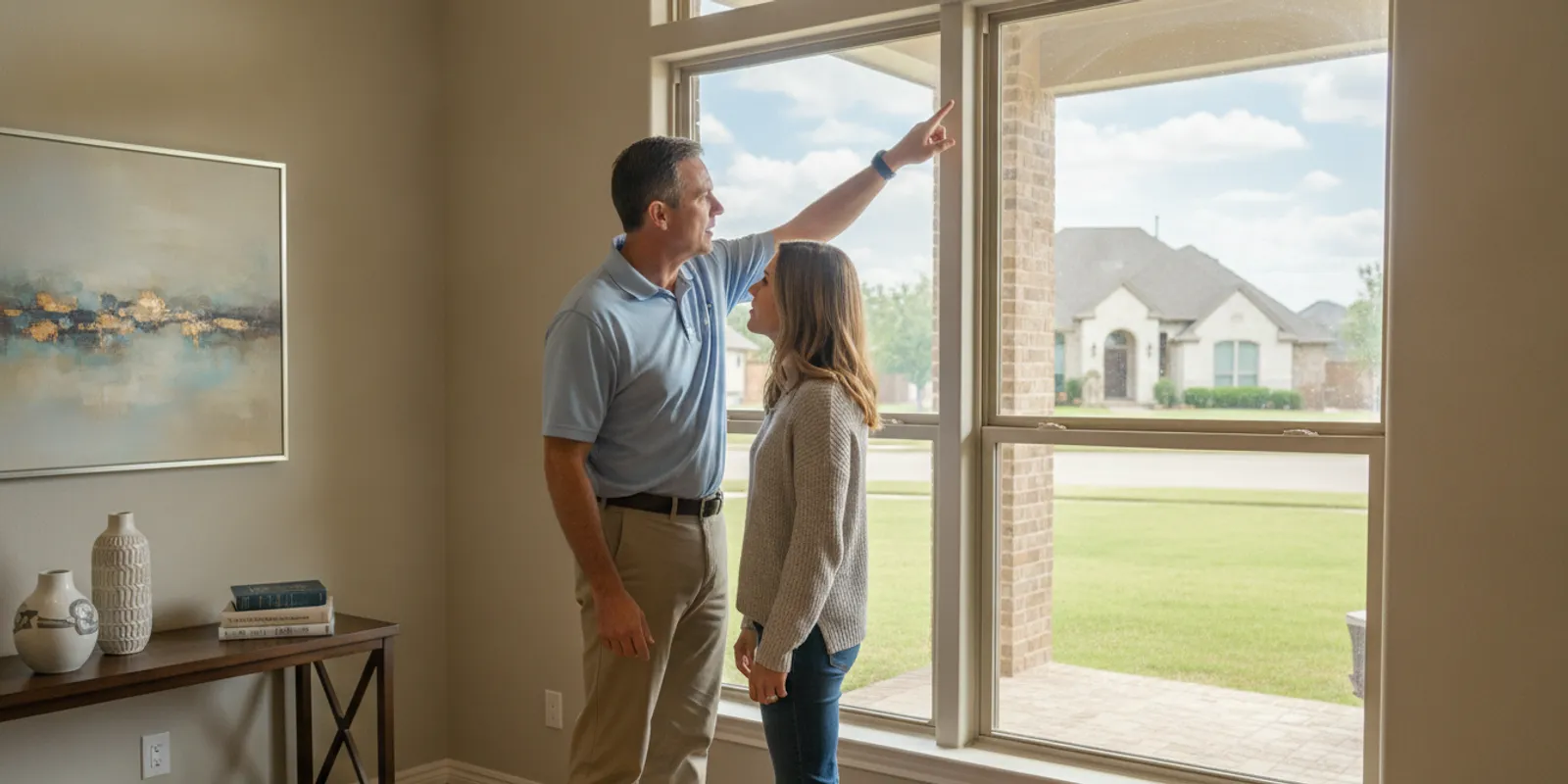A DFW homeowner inspecting a window with a professional