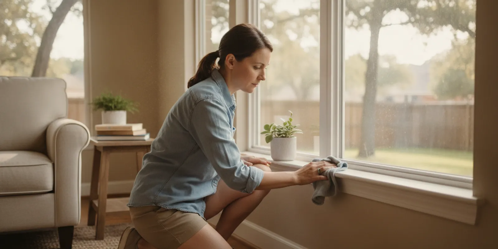 Homeowner gently cleaning a white vinyl window frame inside a bright room