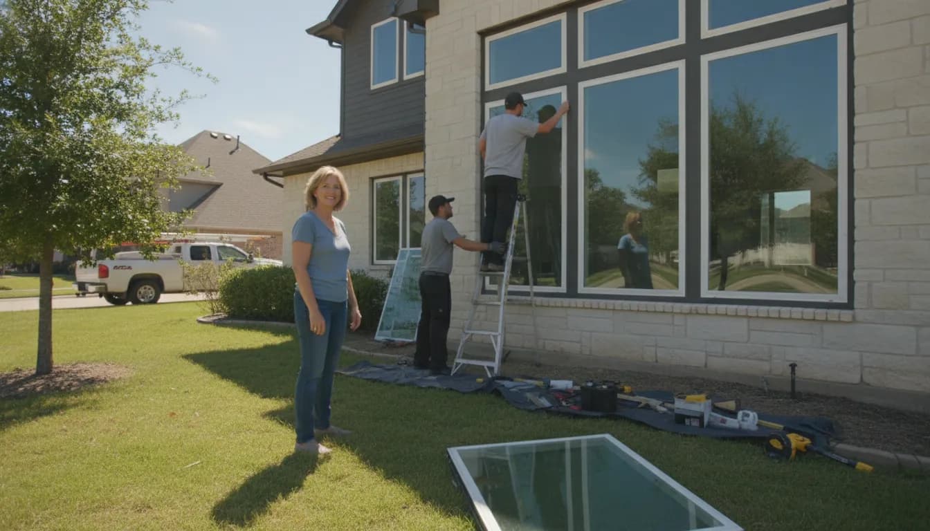 Professional window installers fitting energy-efficient replacement windows on a Dallas home on a sunny day