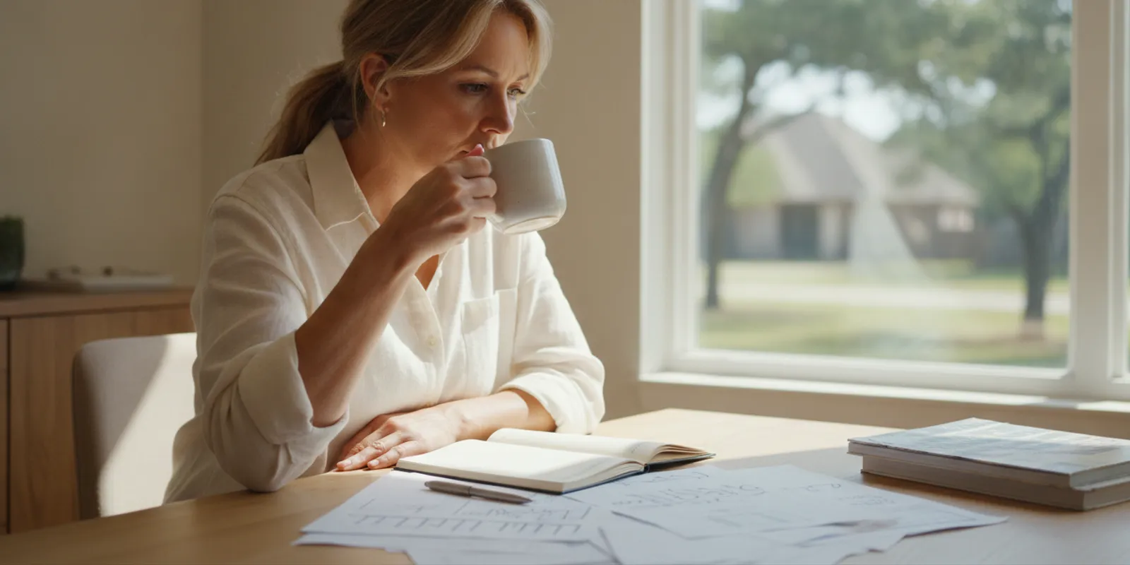 Texas homeowner reviewing window replacement plans and financing paperwork at a dining table
