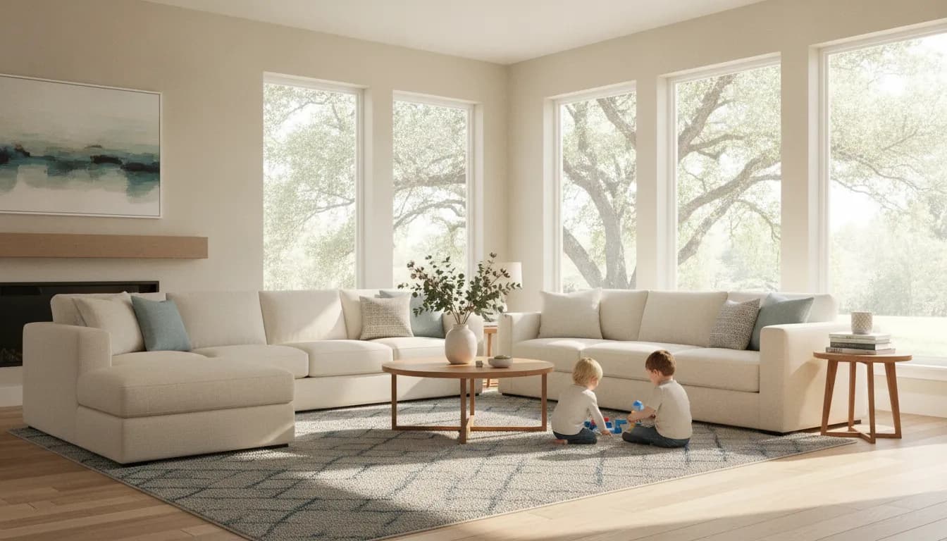 Bright DFW living room with newly replaced energy-efficient windows